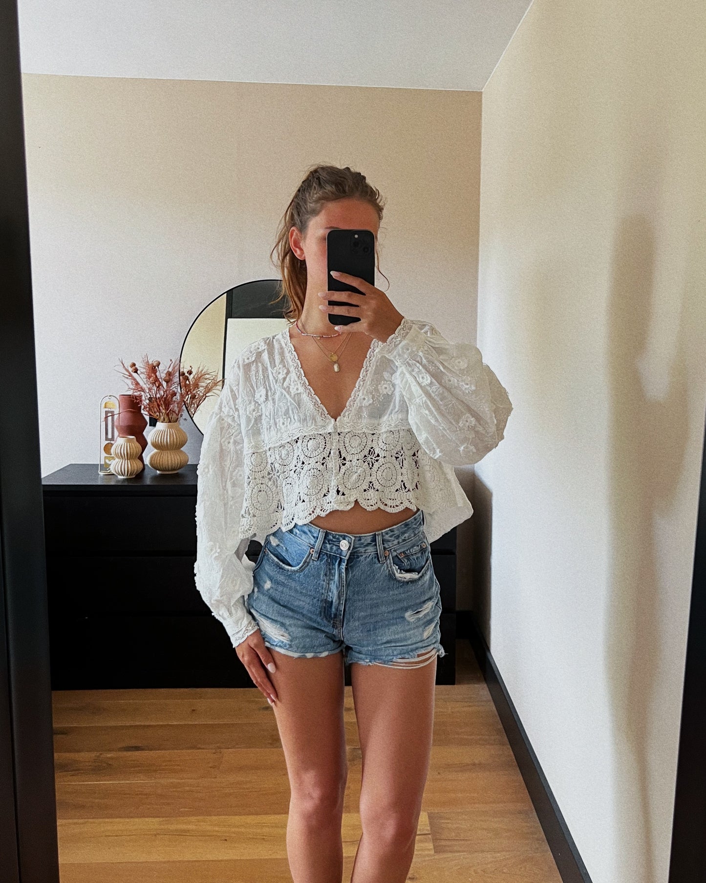 Witte kanten/gehaakte top met lange mauwen