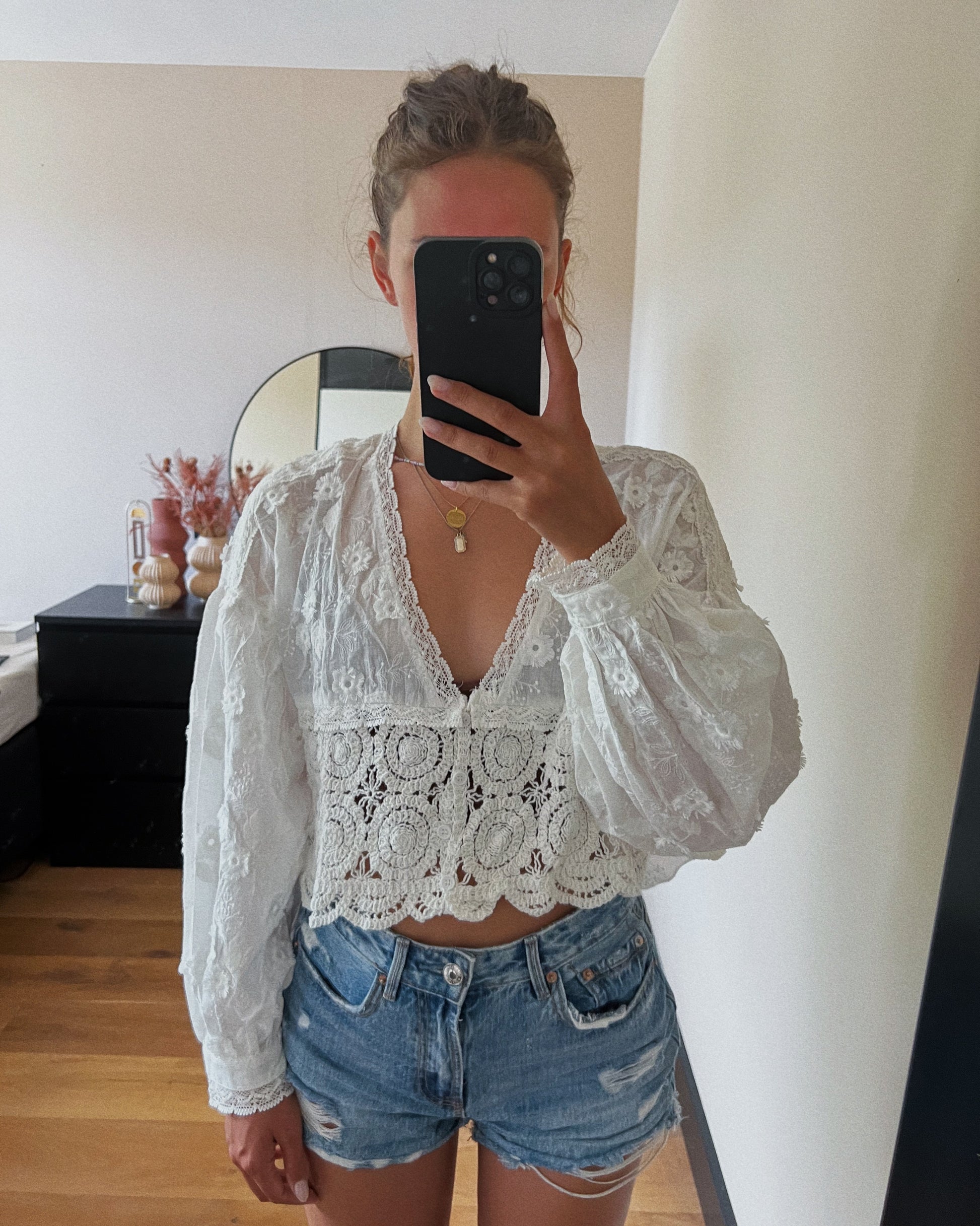 Gehaakte/kanten top met lange mauwen