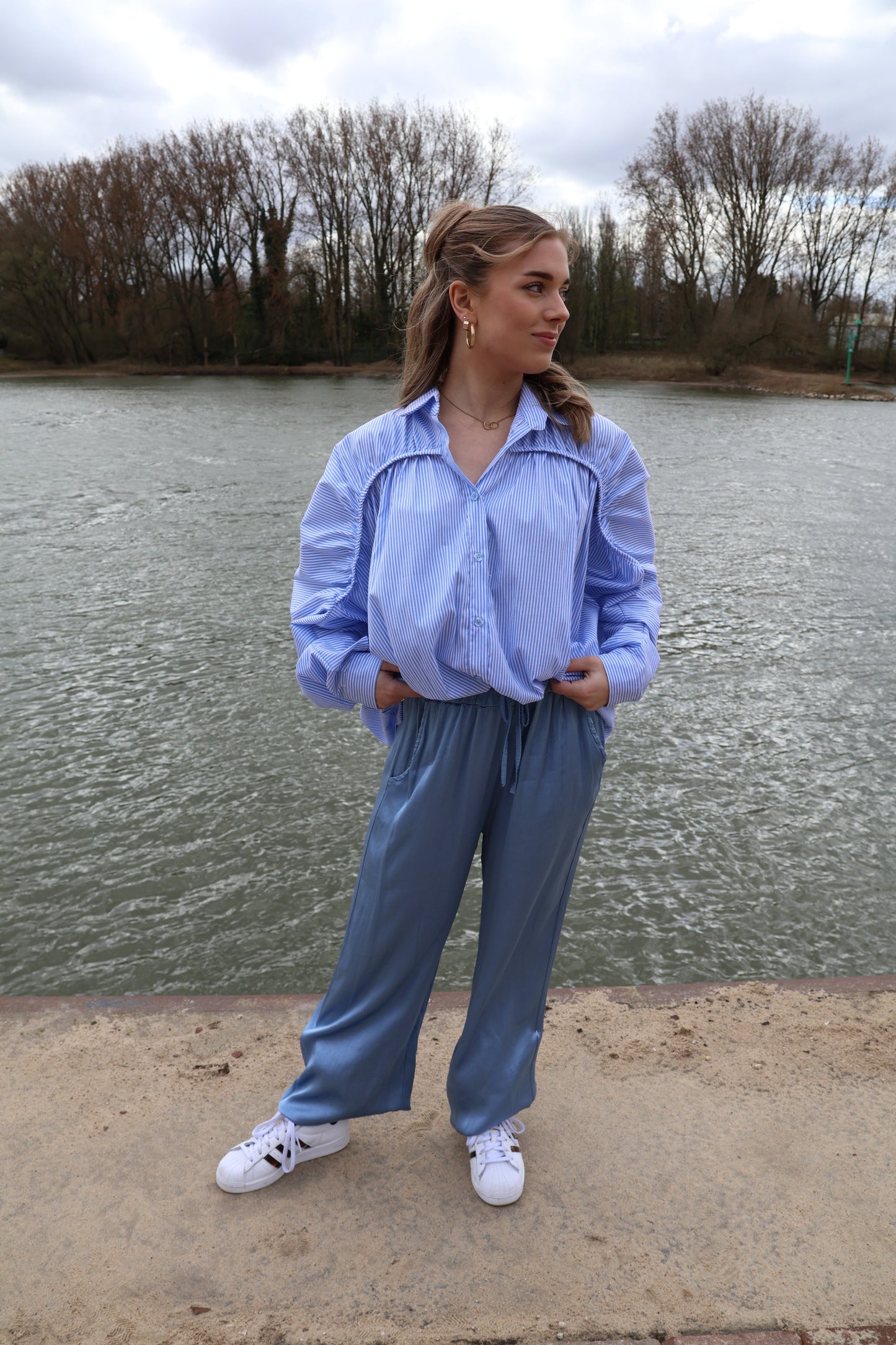 Wijde broek dames zijde blauw