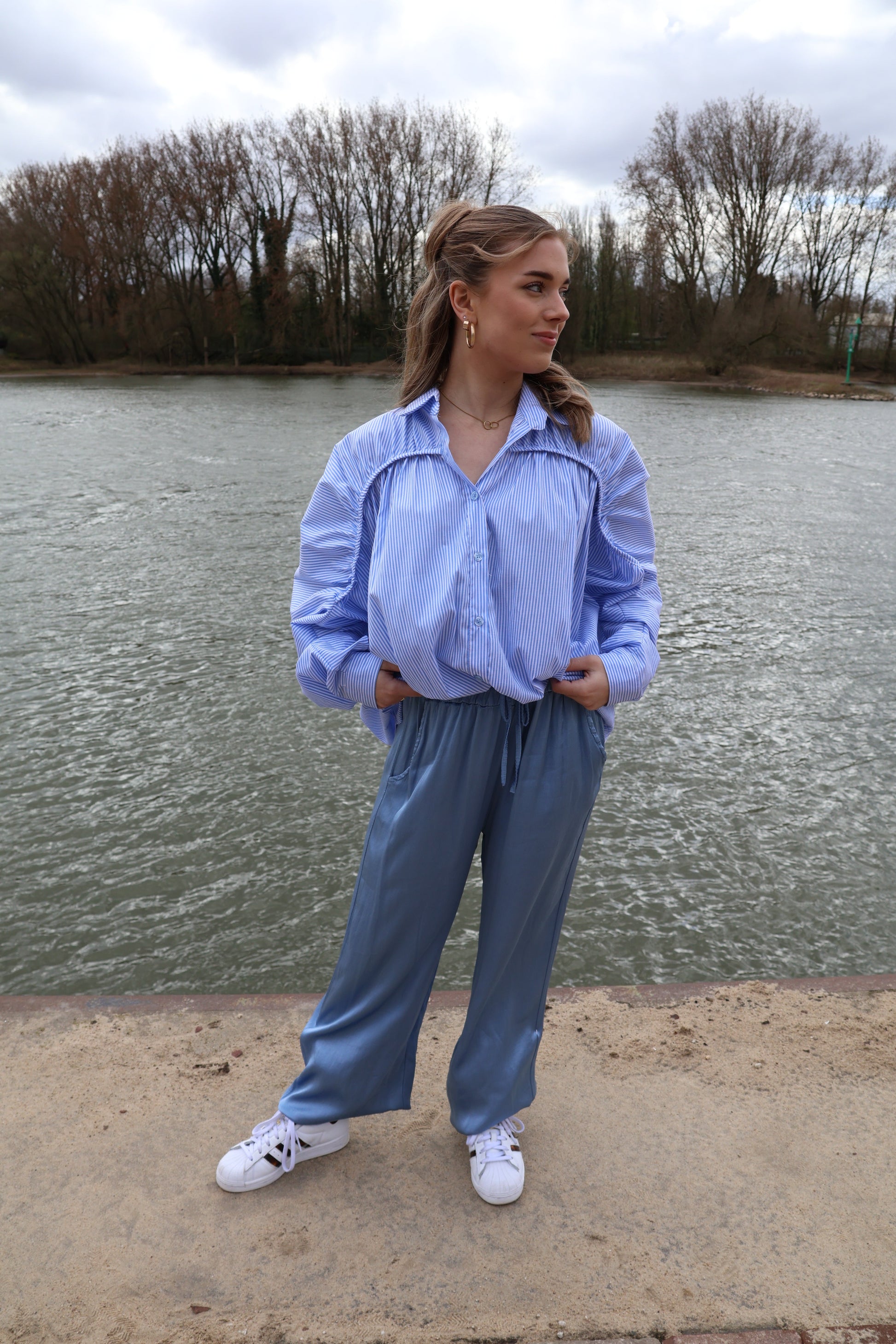 Wijde broek dames zijde blauw