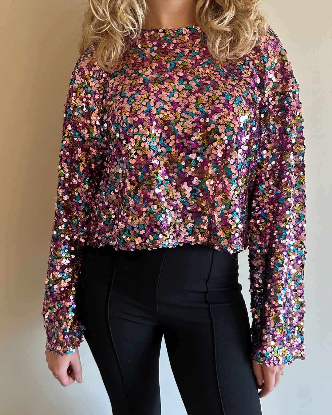 Topje met pailletten roze, blauw en goud